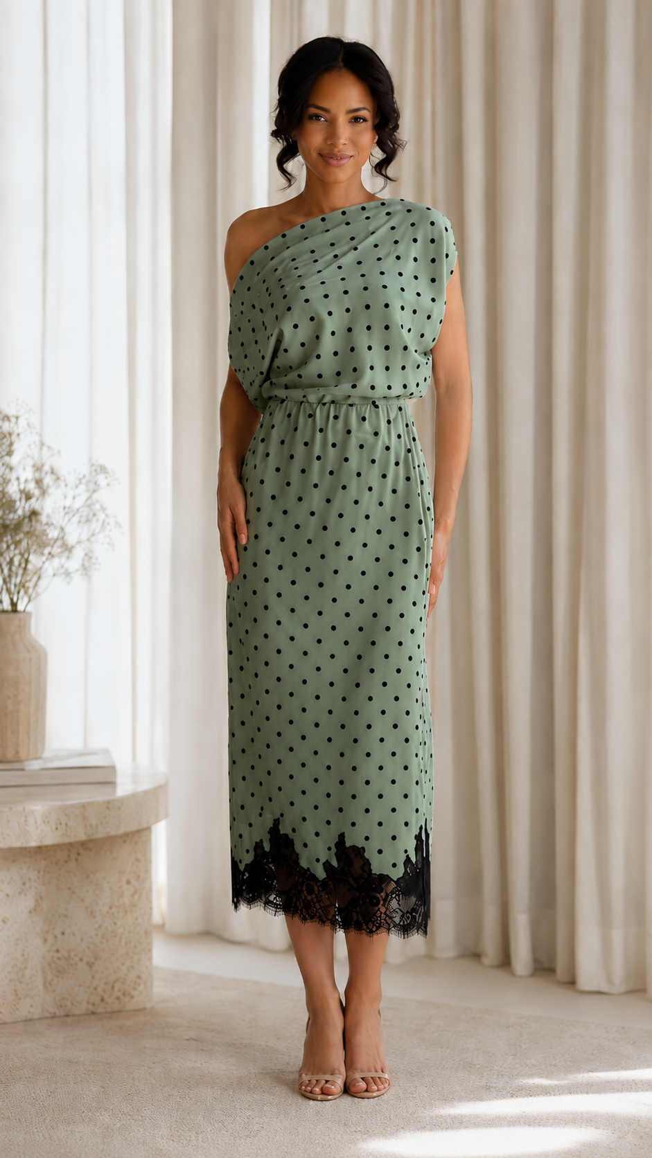 Elegant One-Shoulder Polka Dot Lace Midi Dress