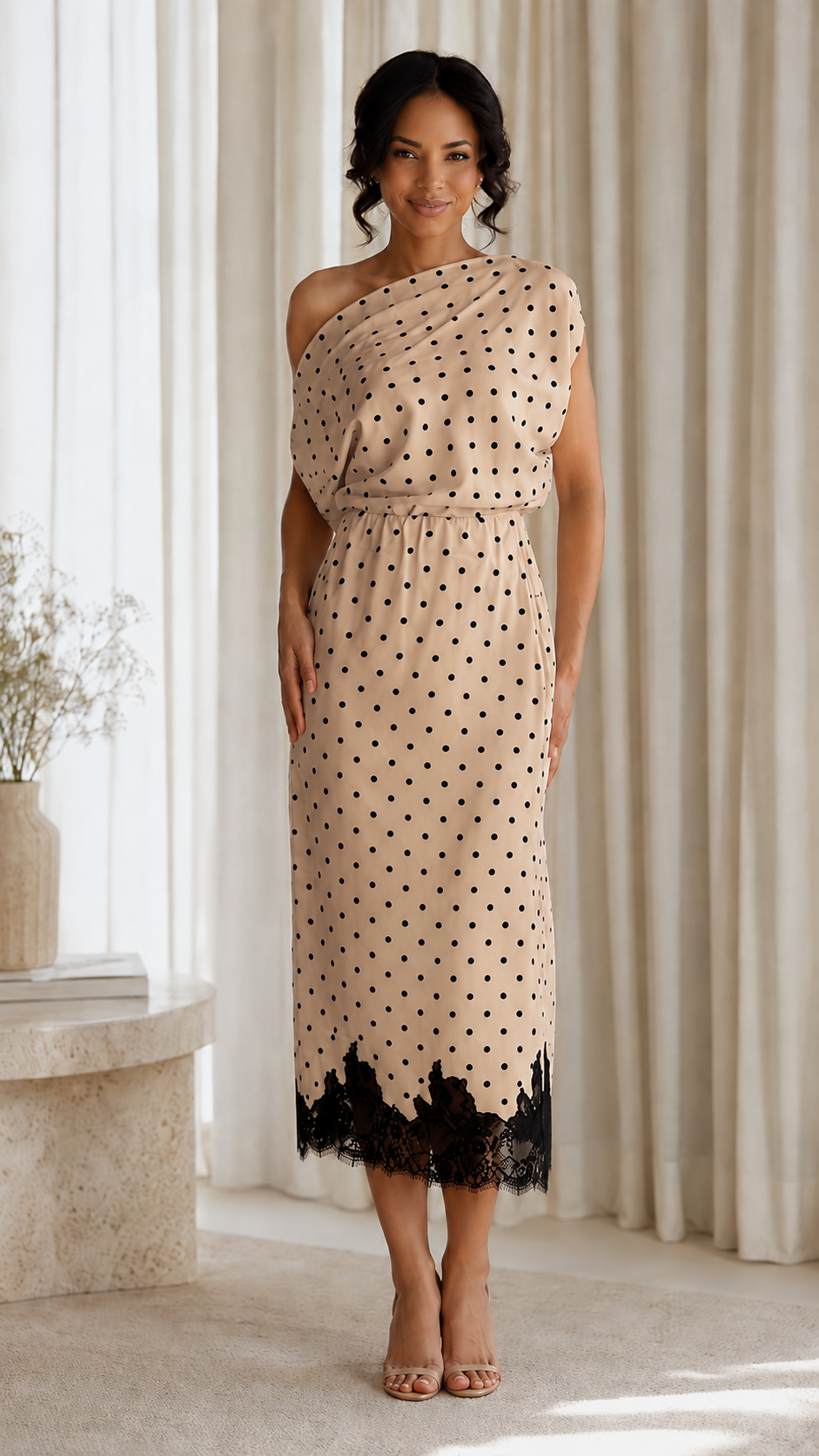 Elegant One-Shoulder Polka Dot Lace Midi Dress