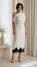 Elegant One-Shoulder Polka Dot Lace Midi Dress
