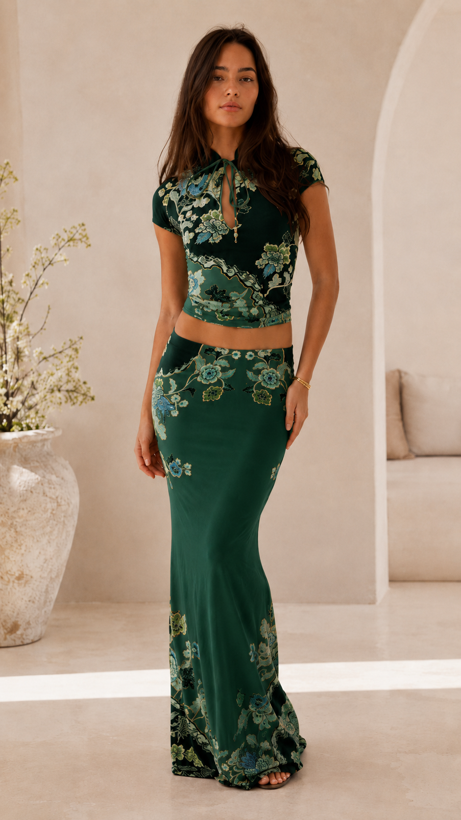 Vibrant Blossom Tie-Neck Two-Piece Set