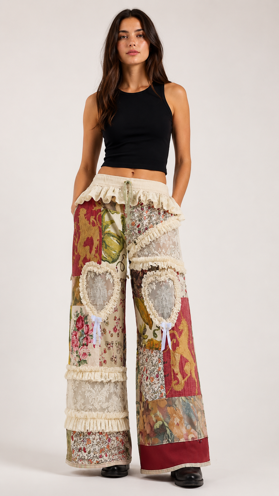 Whimsical Heart Patchwork Ruffle Wide-Leg Pants