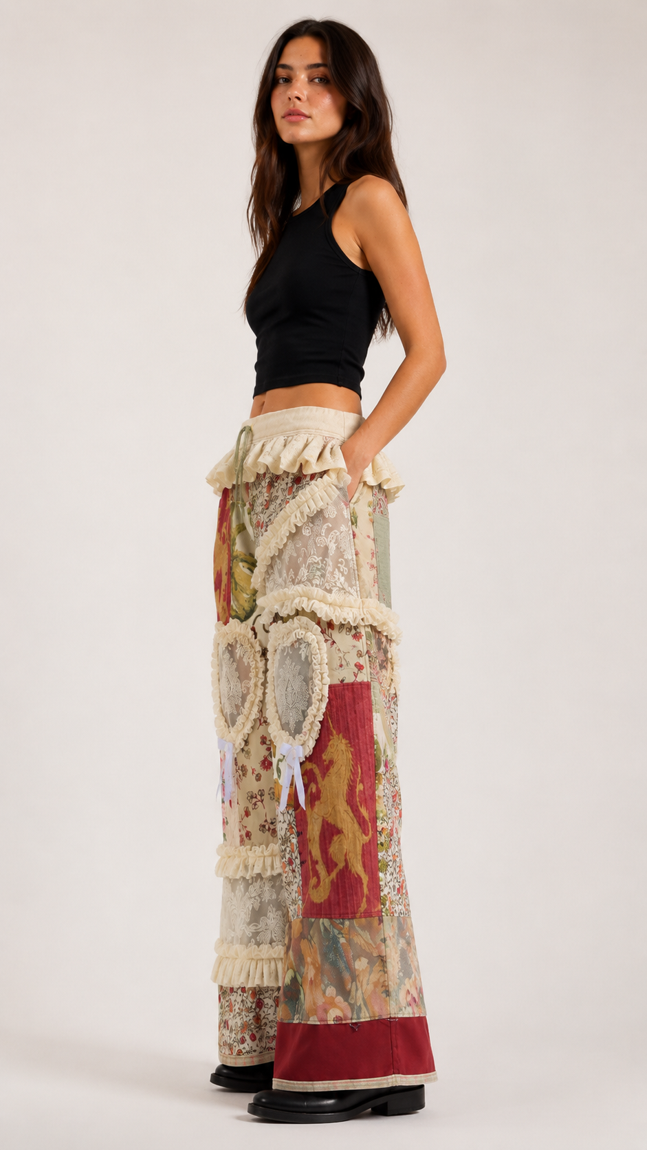 Whimsical Heart Patchwork Ruffle Wide-Leg Pants