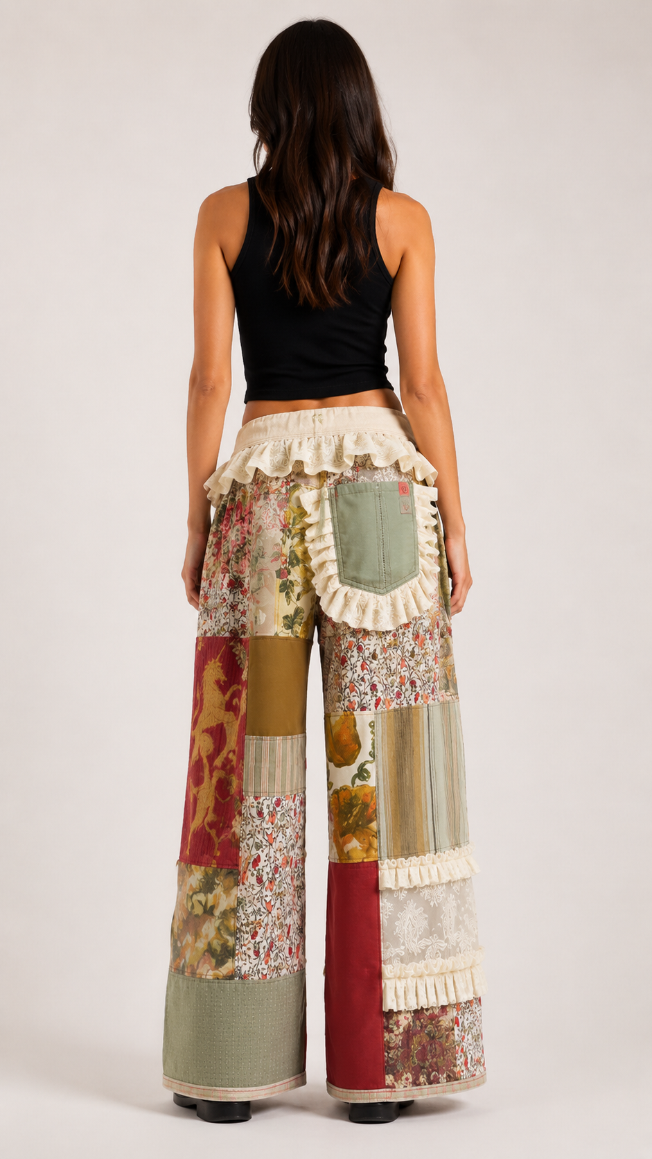 Whimsical Heart Patchwork Ruffle Wide-Leg Pants