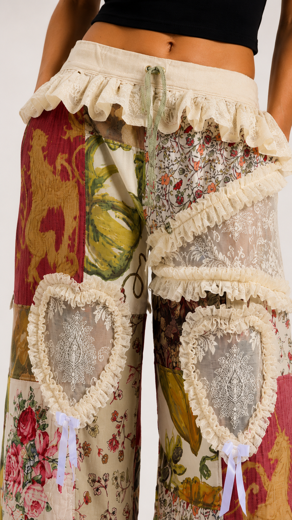 Whimsical Heart Patchwork Ruffle Wide-Leg Pants