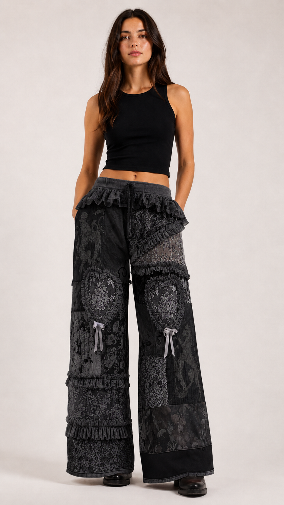 Whimsical Heart Patchwork Ruffle Wide-Leg Pants