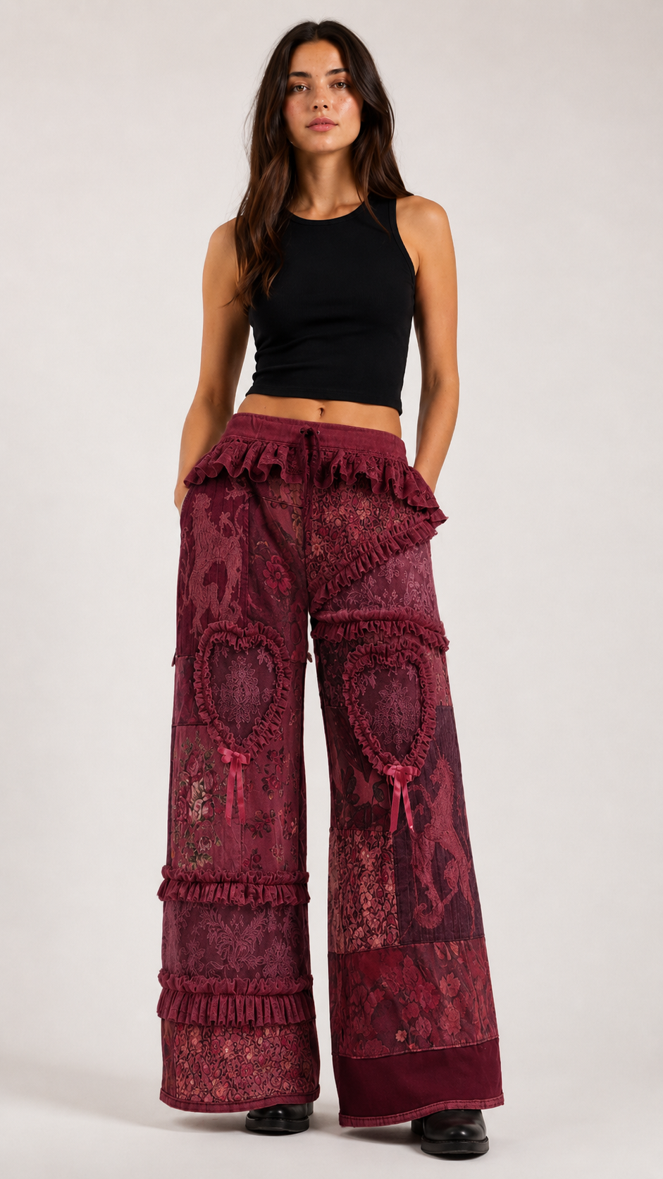 Whimsical Heart Patchwork Ruffle Wide-Leg Pants