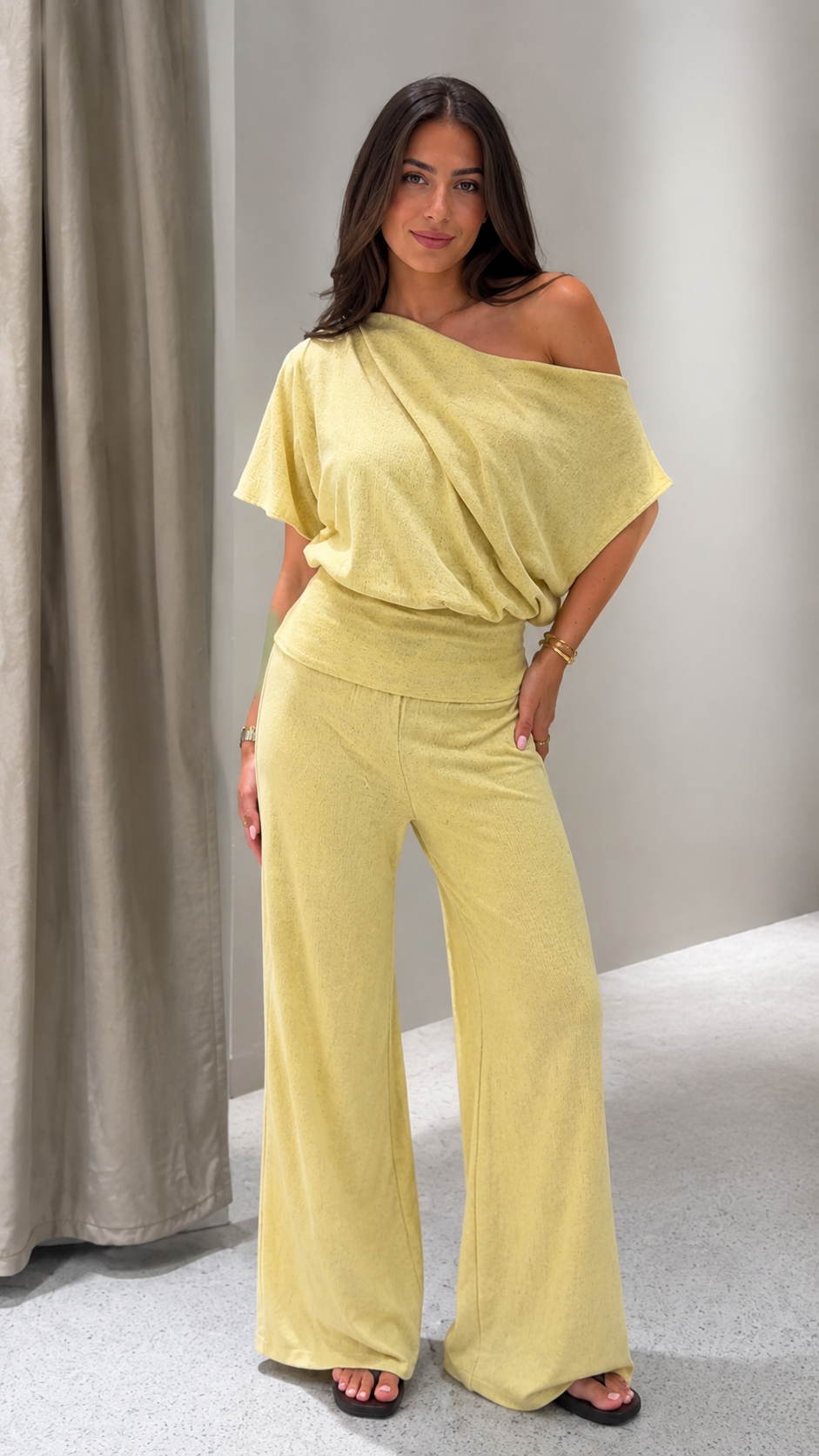 Draped One-Shoulder Wide-Leg Two-Piece Set