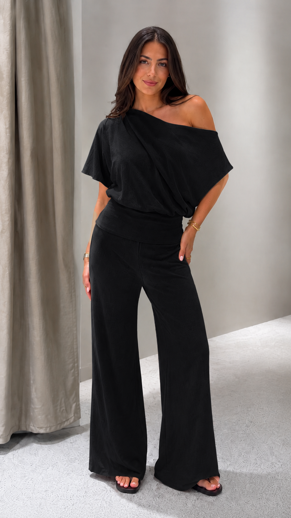 Draped One-Shoulder Wide-Leg Two-Piece Set