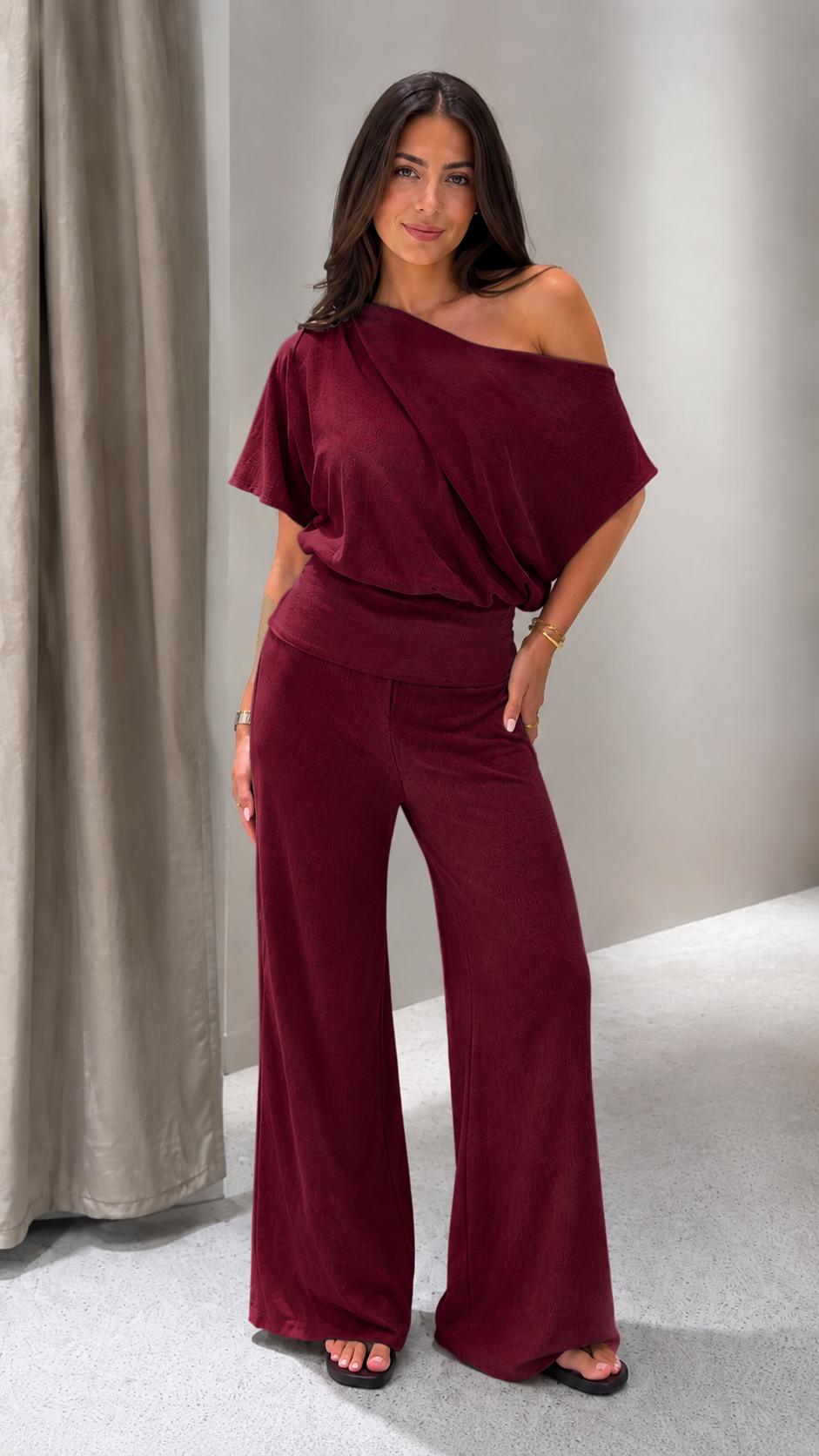 Draped One-Shoulder Wide-Leg Two-Piece Set