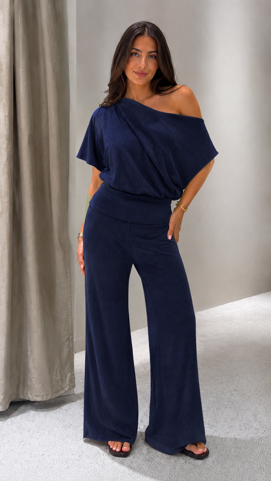 Draped One-Shoulder Wide-Leg Two-Piece Set