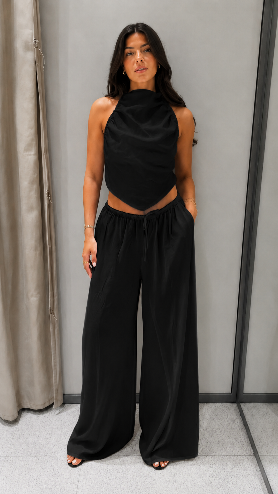 Draped Halter Wide-Leg Two-Piece Set