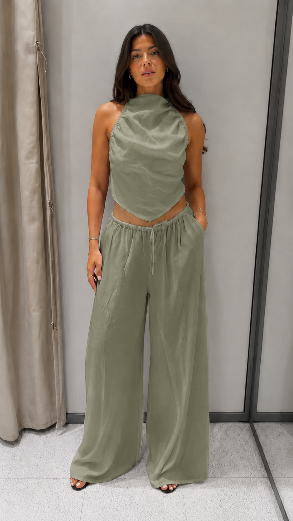 Draped Halter Wide-Leg Two-Piece Set