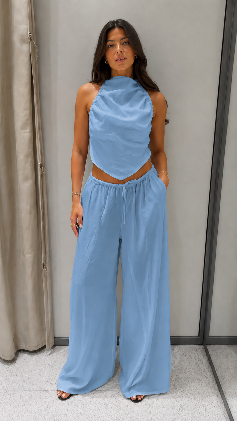 Draped Halter Wide-Leg Two-Piece Set