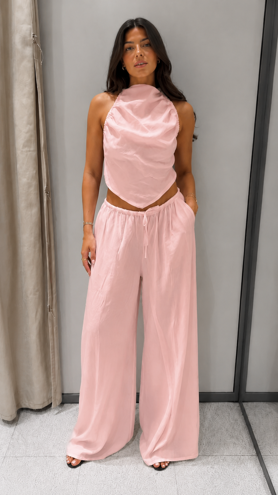 Draped Halter Wide-Leg Two-Piece Set