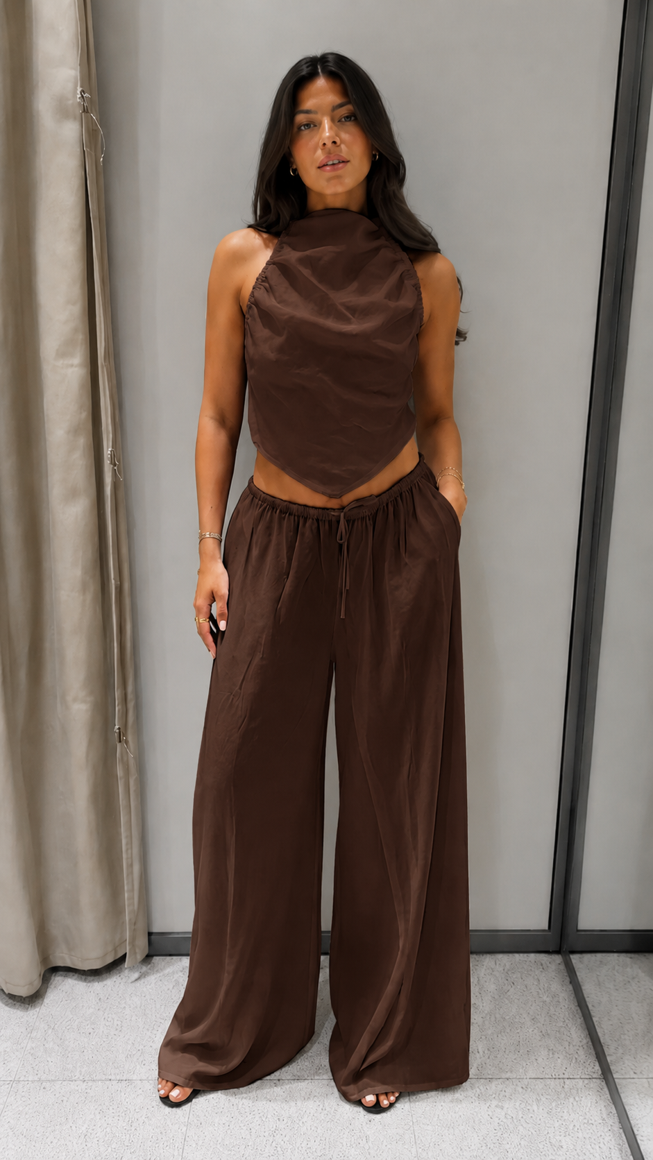 Draped Halter Wide-Leg Two-Piece Set