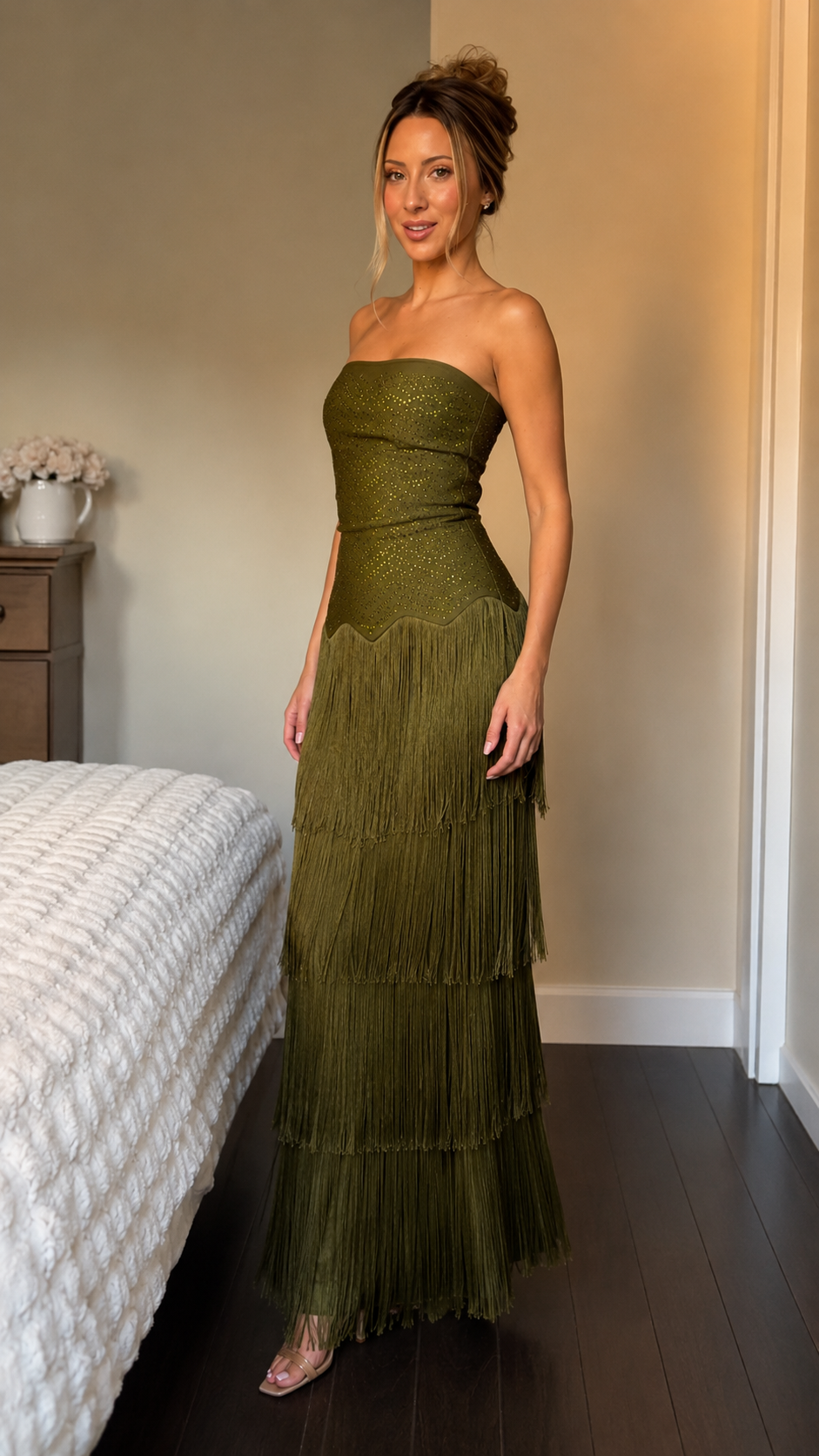 Sparkling Fringe Strapless Maxi Dress
