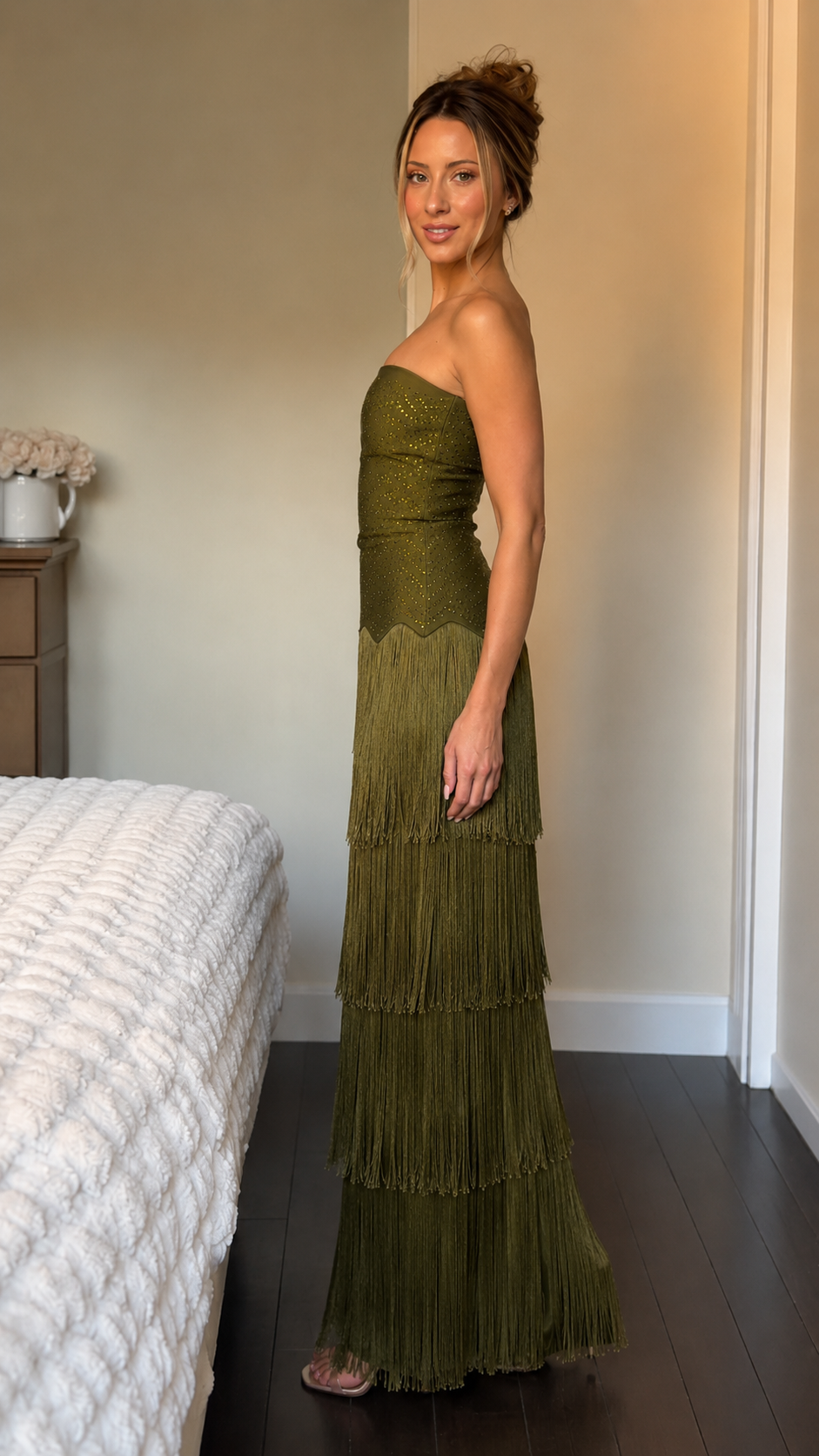 Sparkling Fringe Strapless Maxi Dress