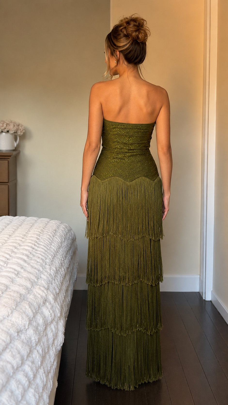 Sparkling Fringe Strapless Maxi Dress