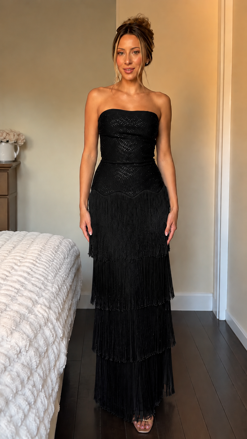 Sparkling Fringe Strapless Maxi Dress