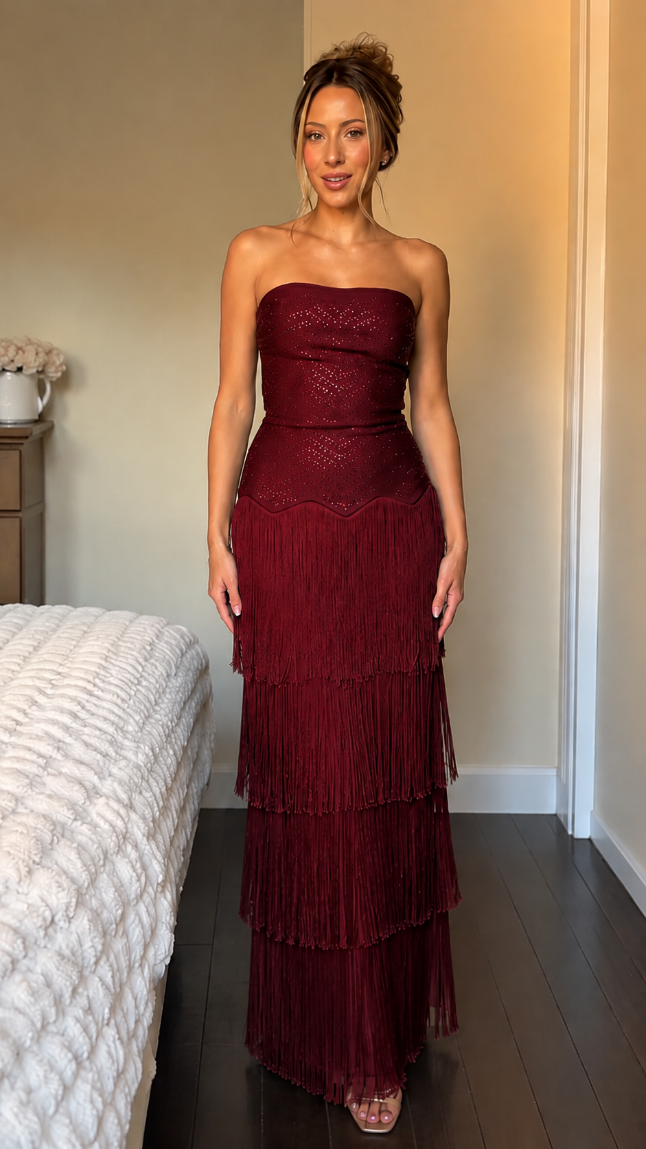 Sparkling Fringe Strapless Maxi Dress