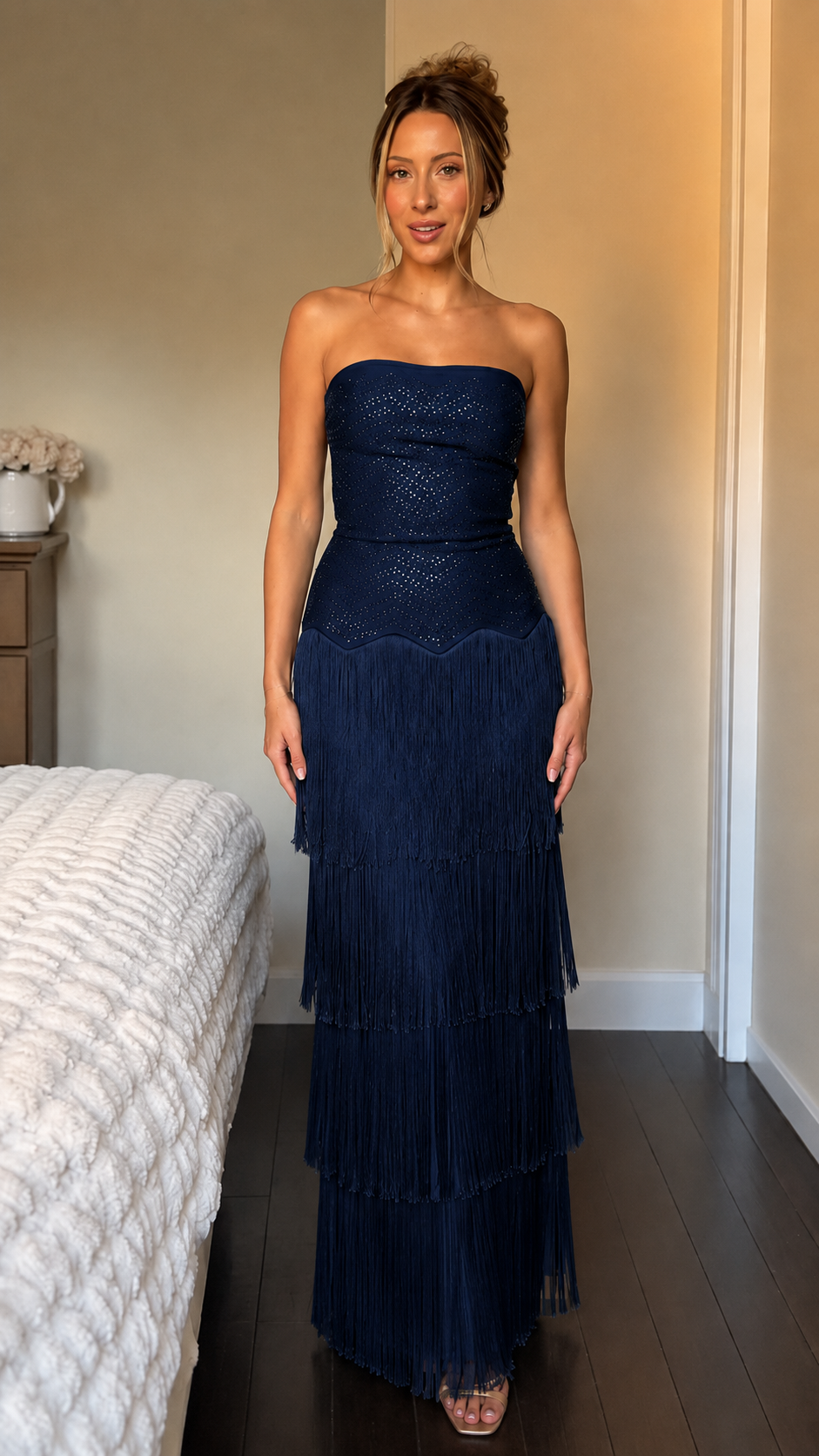 Sparkling Fringe Strapless Maxi Dress