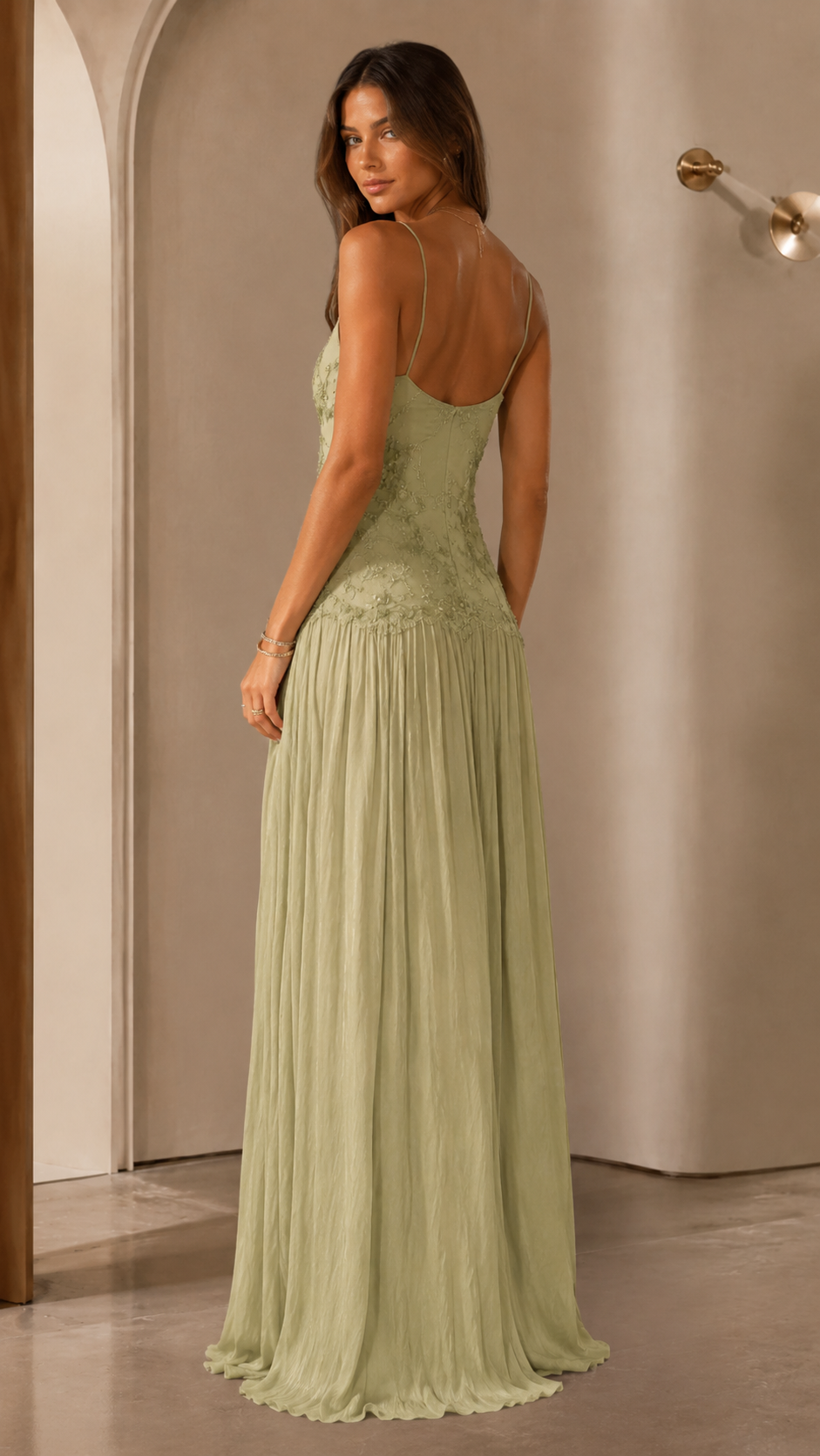 Romantic Lace Embroidered Spaghetti Strap Maxi Dress