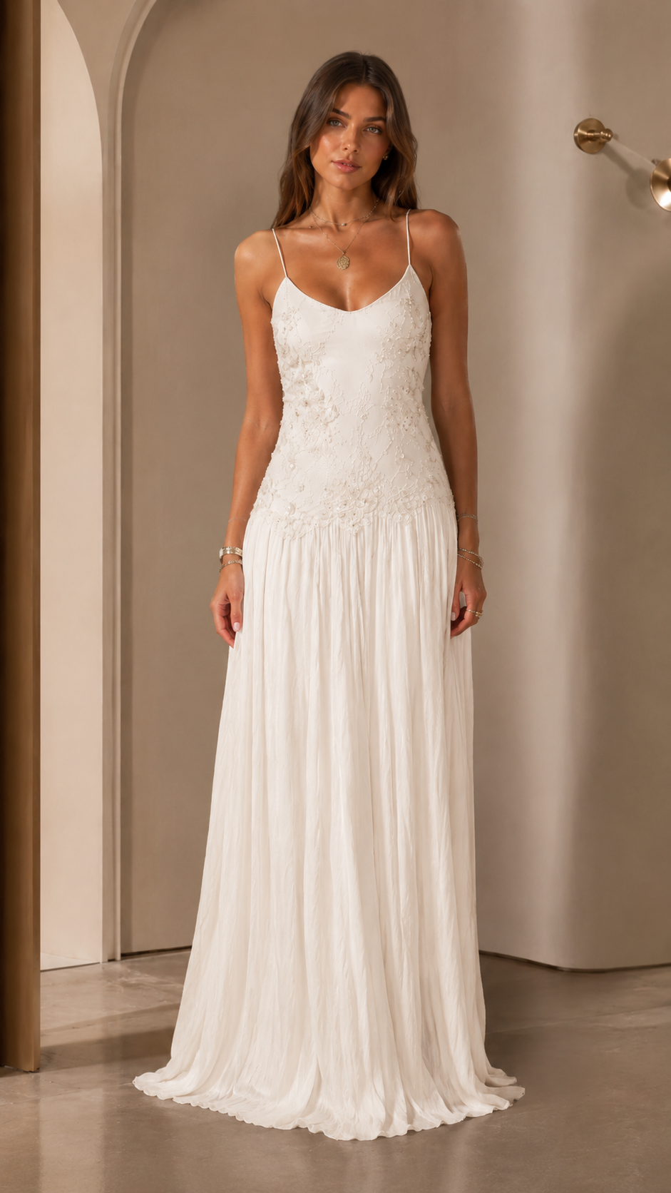 Romantic Lace Embroidered Spaghetti Strap Maxi Dress