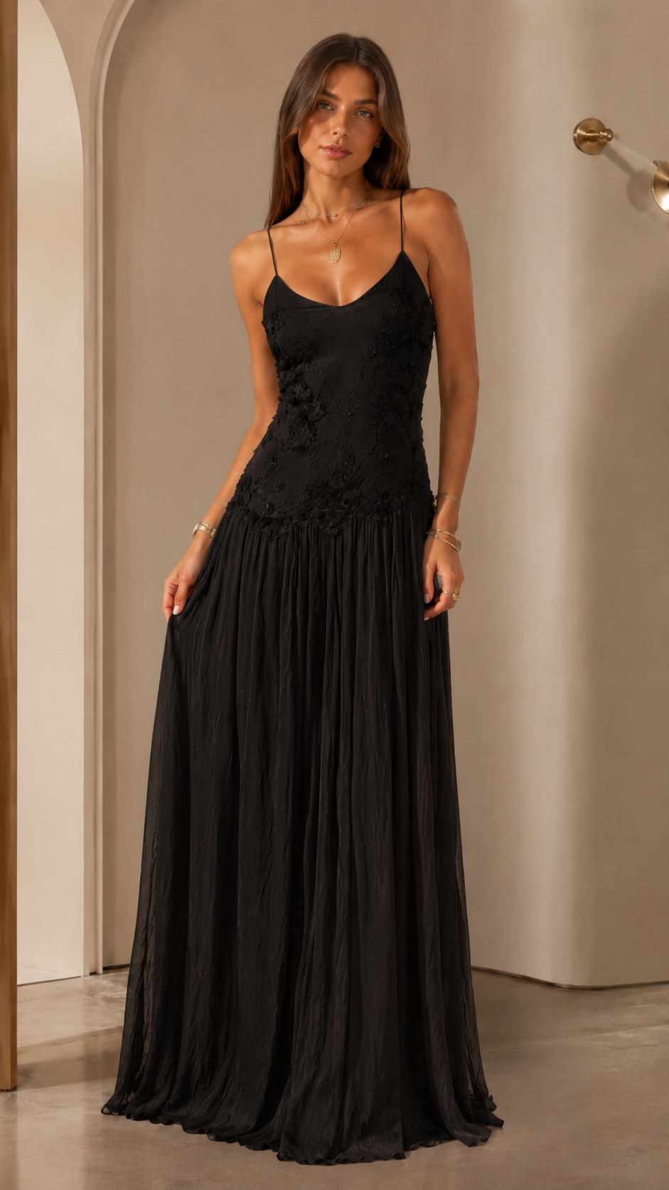 Romantic Lace Embroidered Spaghetti Strap Maxi Dress