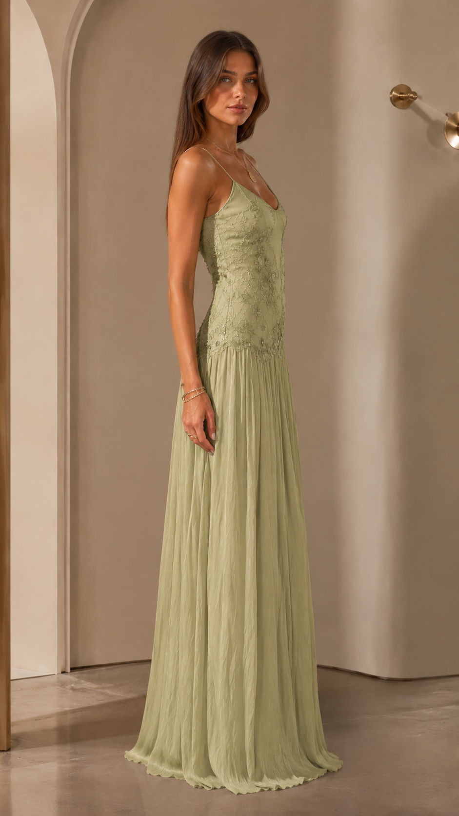 Romantic Lace Embroidered Spaghetti Strap Maxi Dress