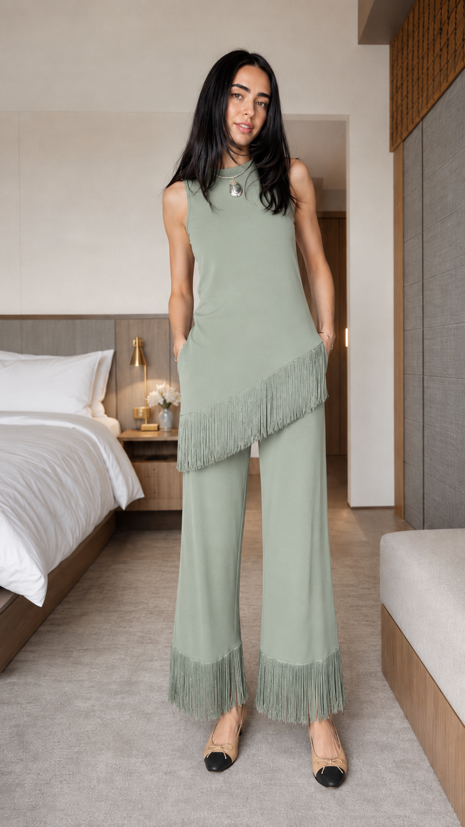 Fringe Hem Wide-Leg Two-Piece Set