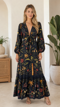 Tropical Floral Tie-Front Maxi Dress