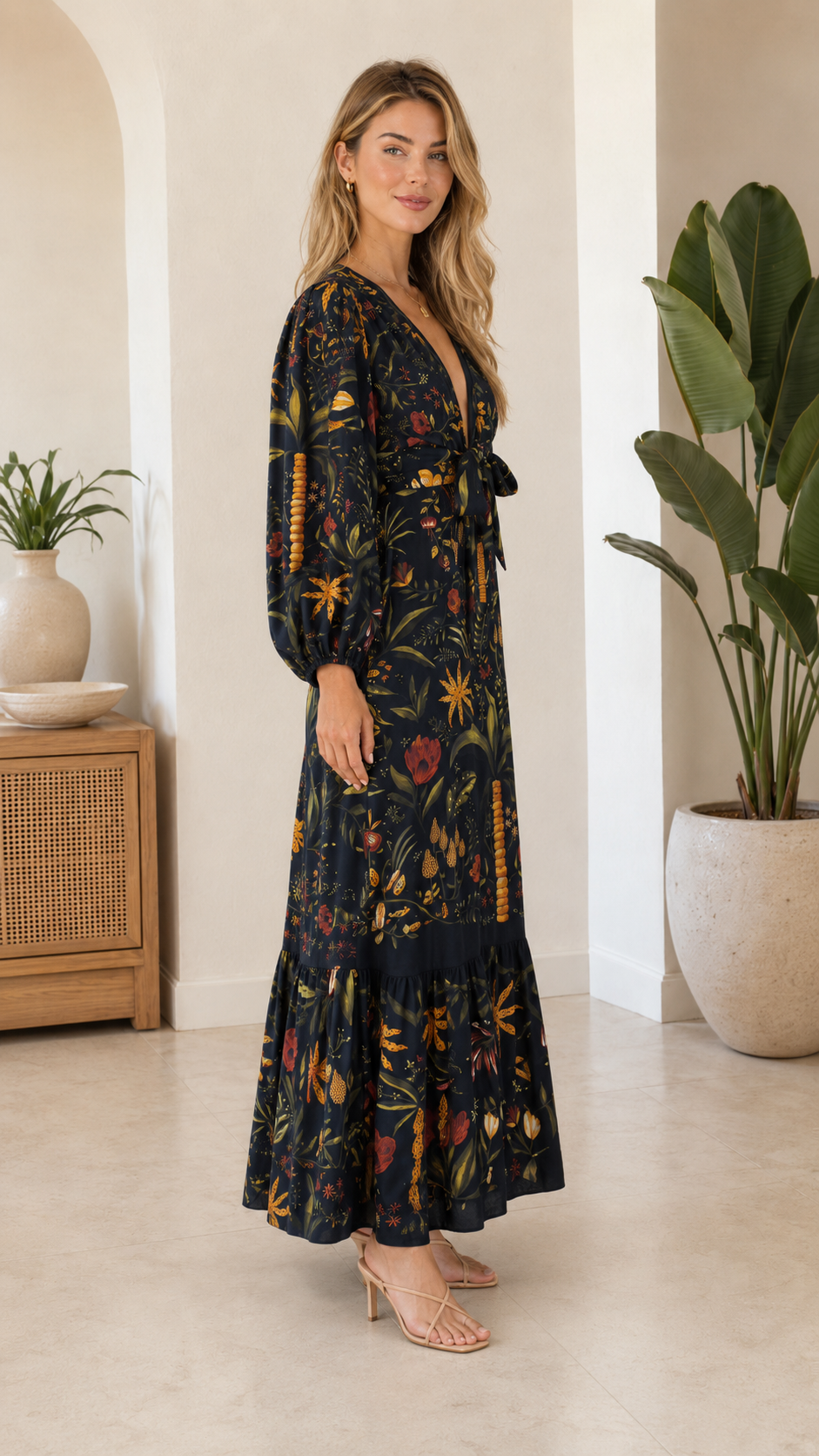 Tropical Floral Tie-Front Maxi Dress