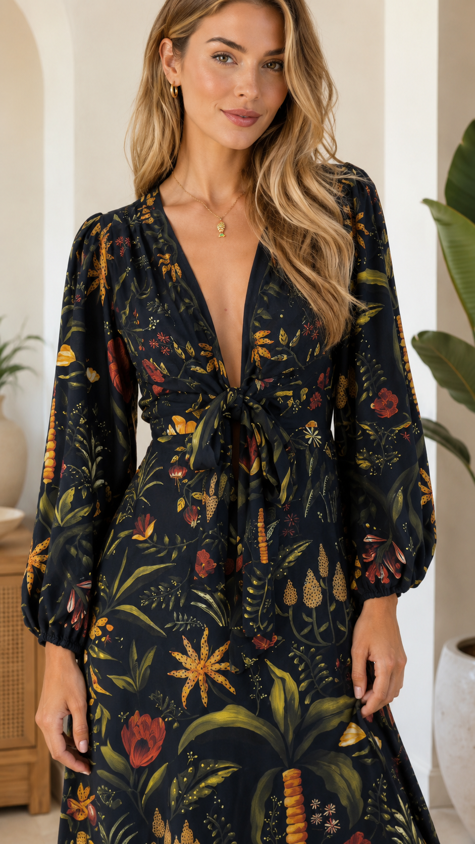 Tropical Floral Tie-Front Maxi Dress