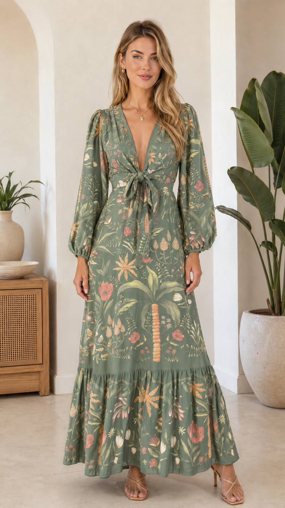 Tropical Floral Tie-Front Maxi Dress