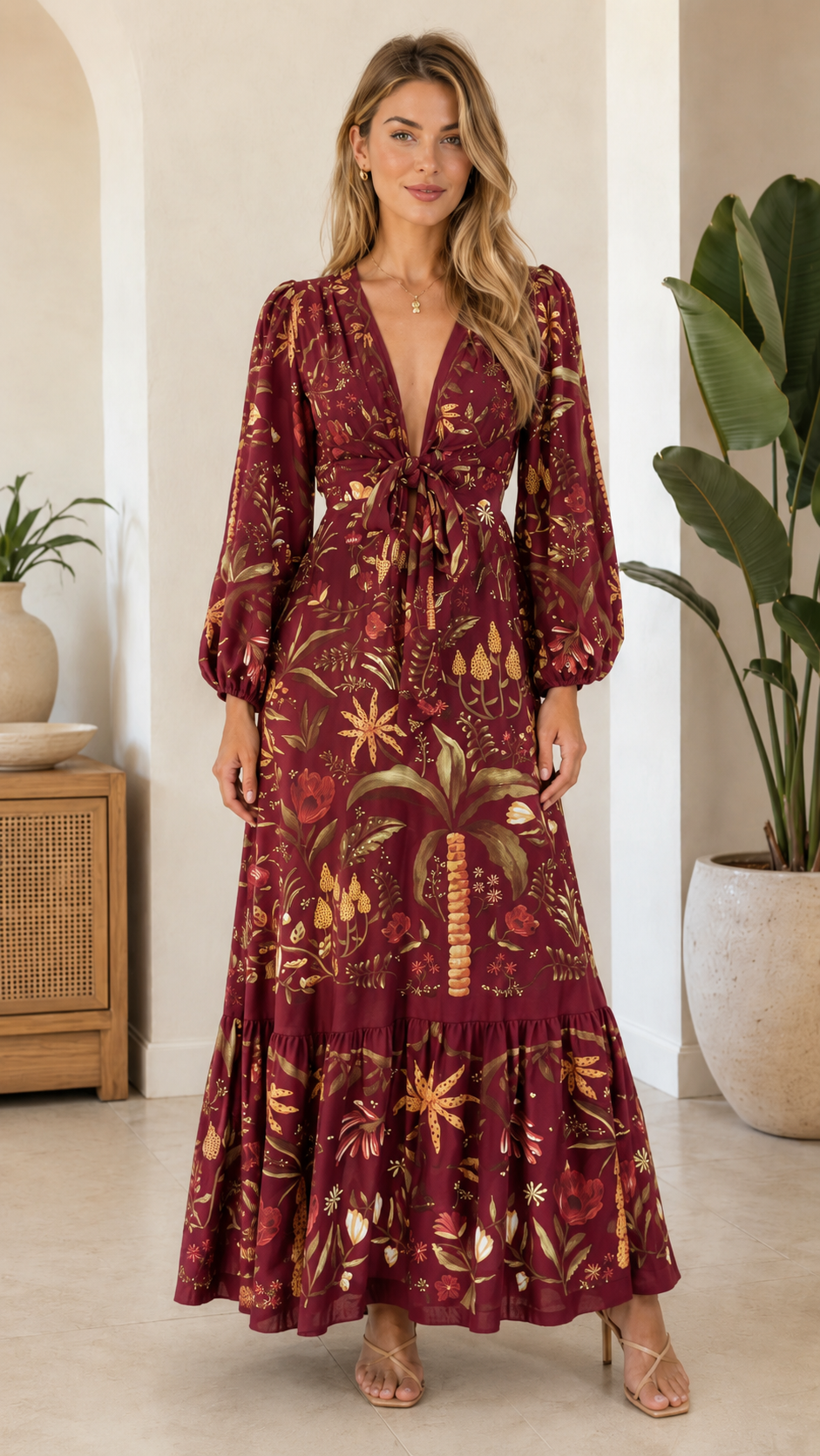 Tropical Floral Tie-Front Maxi Dress