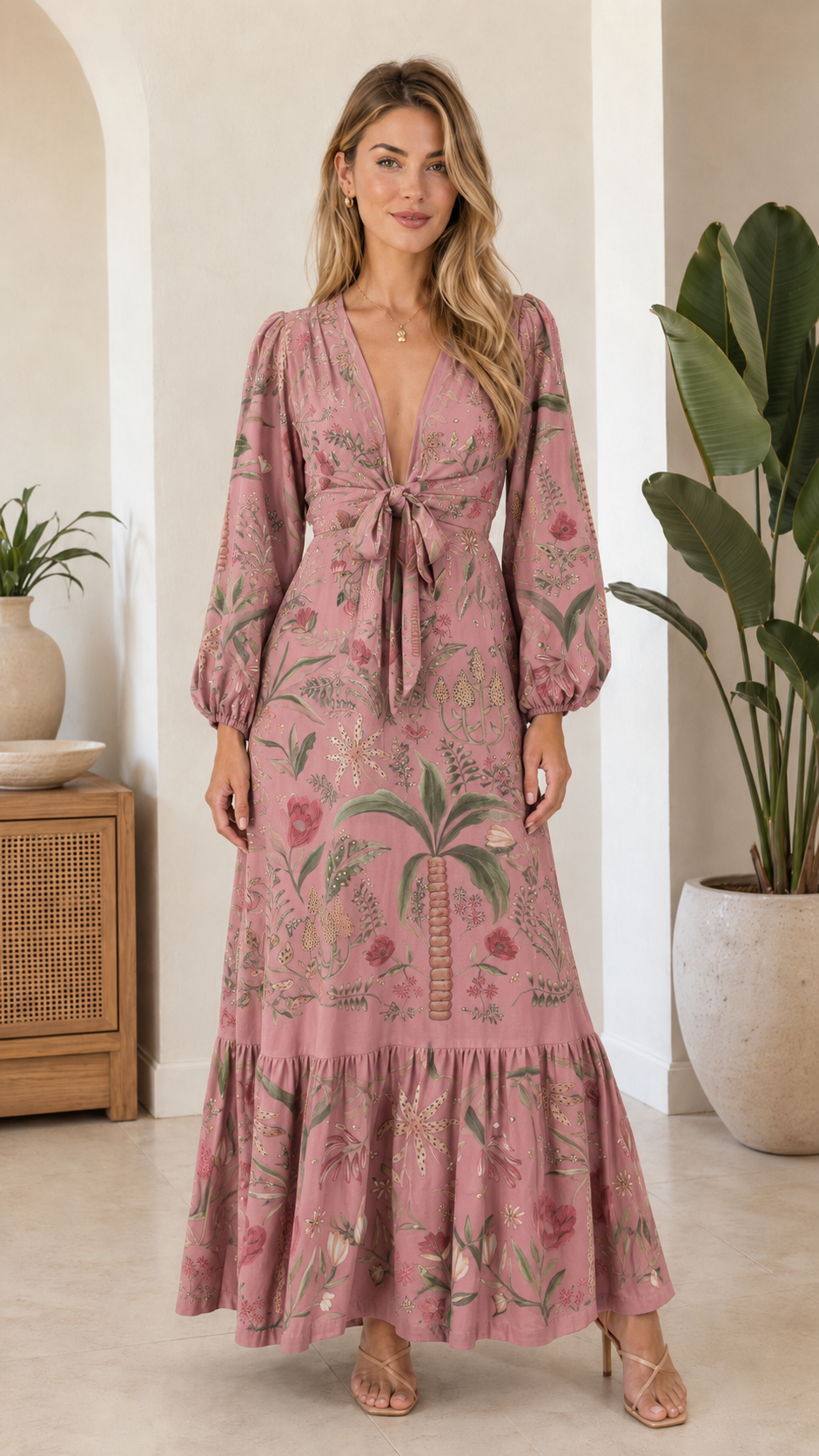 Tropical Floral Tie-Front Maxi Dress