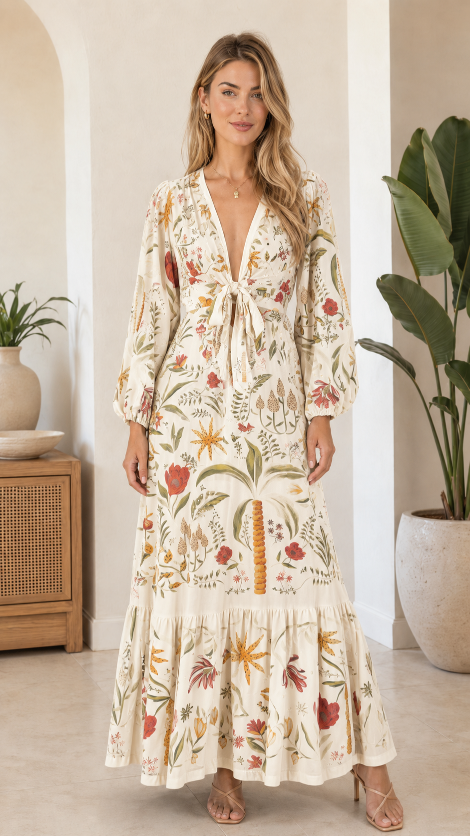 Tropical Floral Tie-Front Maxi Dress