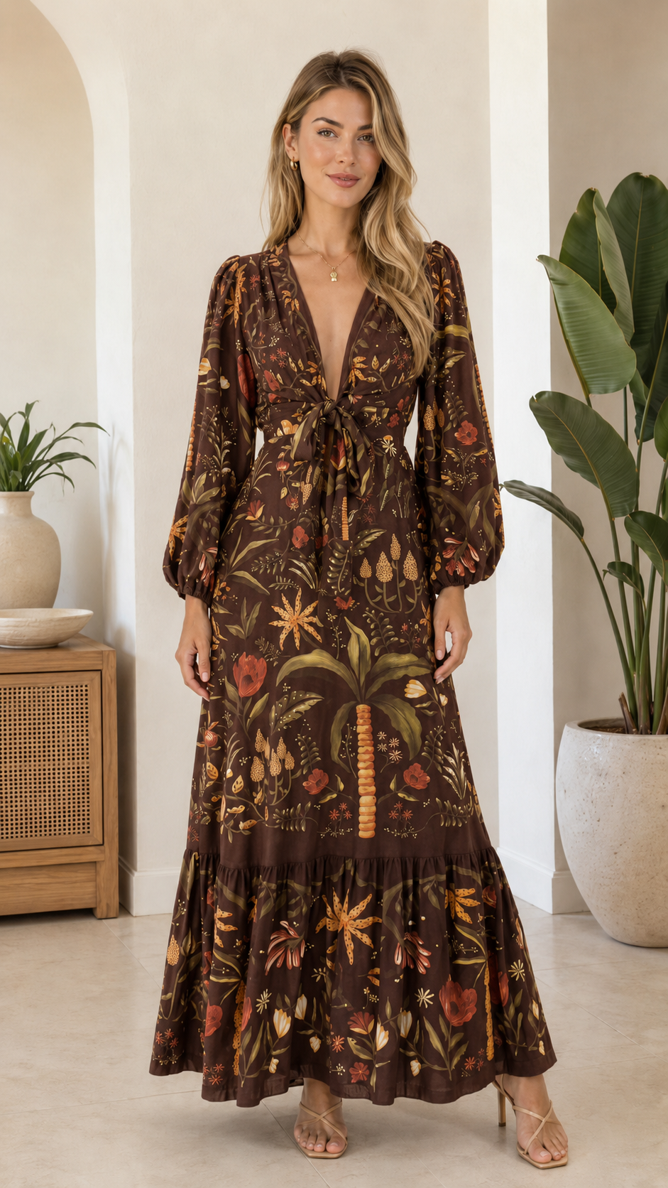 Tropical Floral Tie-Front Maxi Dress
