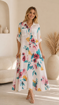 Floral Sequin Pocket Button-Down Shirt Dress