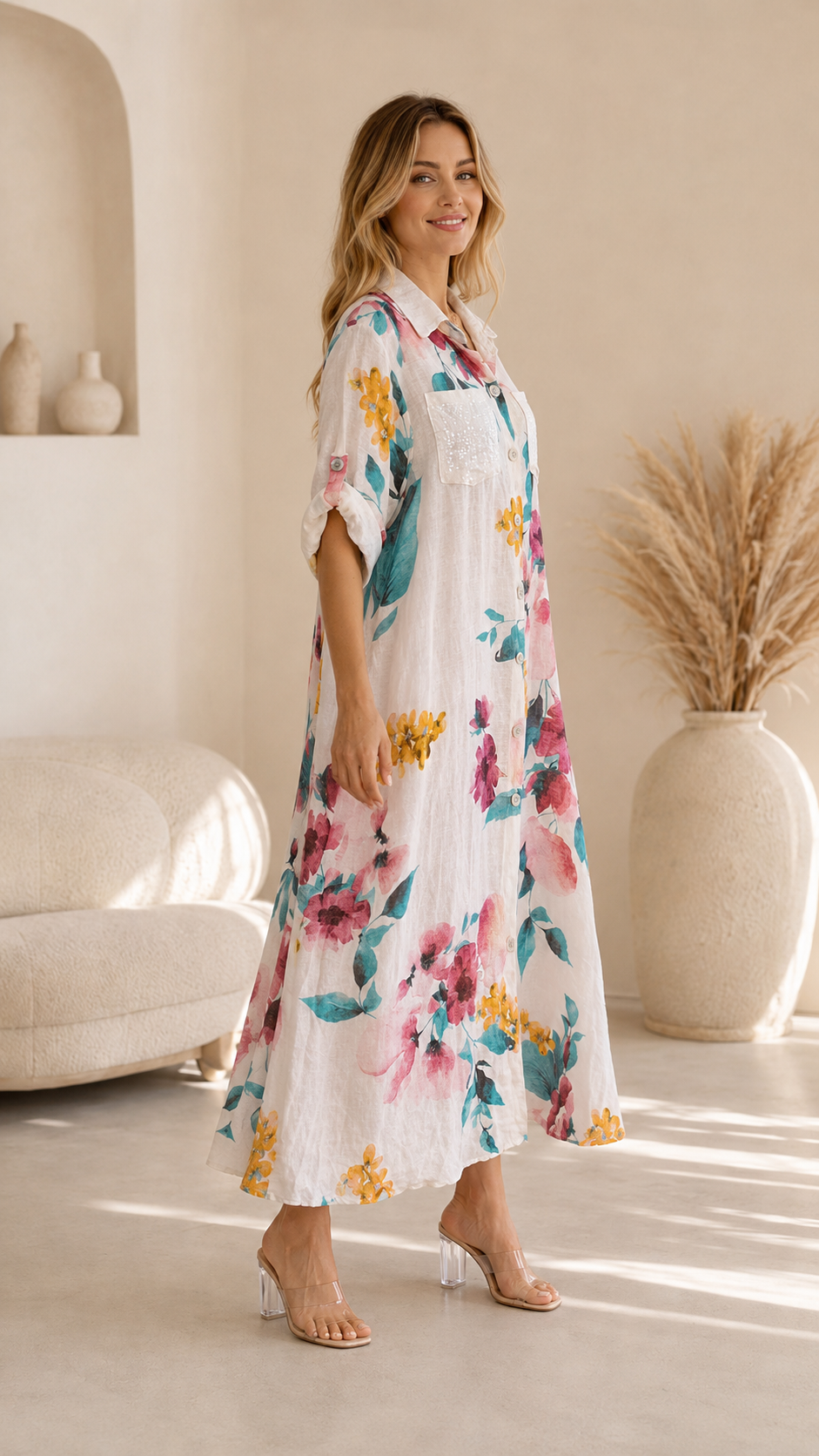 Floral Sequin Pocket Button-Down Shirt Dress