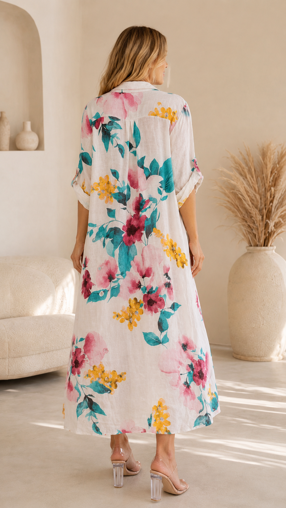 Floral Sequin Pocket Button-Down Shirt Dress