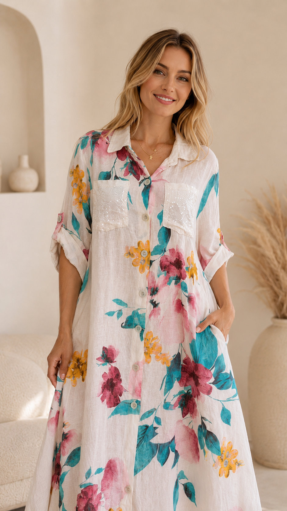 Floral Sequin Pocket Button-Down Shirt Dress