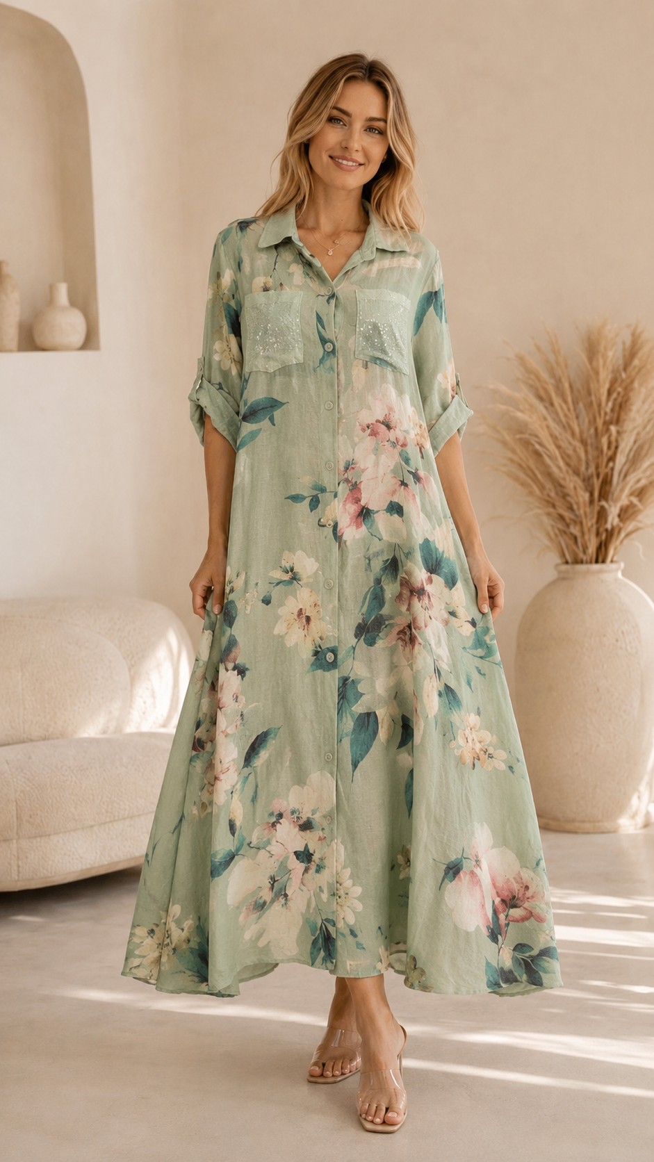 Floral Sequin Pocket Button-Down Shirt Dress