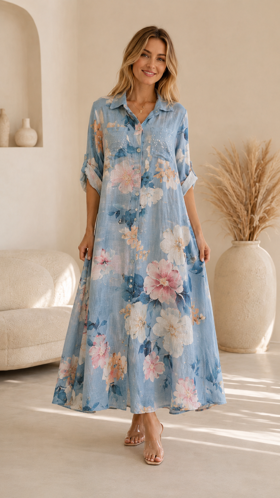 Floral Sequin Pocket Button-Down Shirt Dress