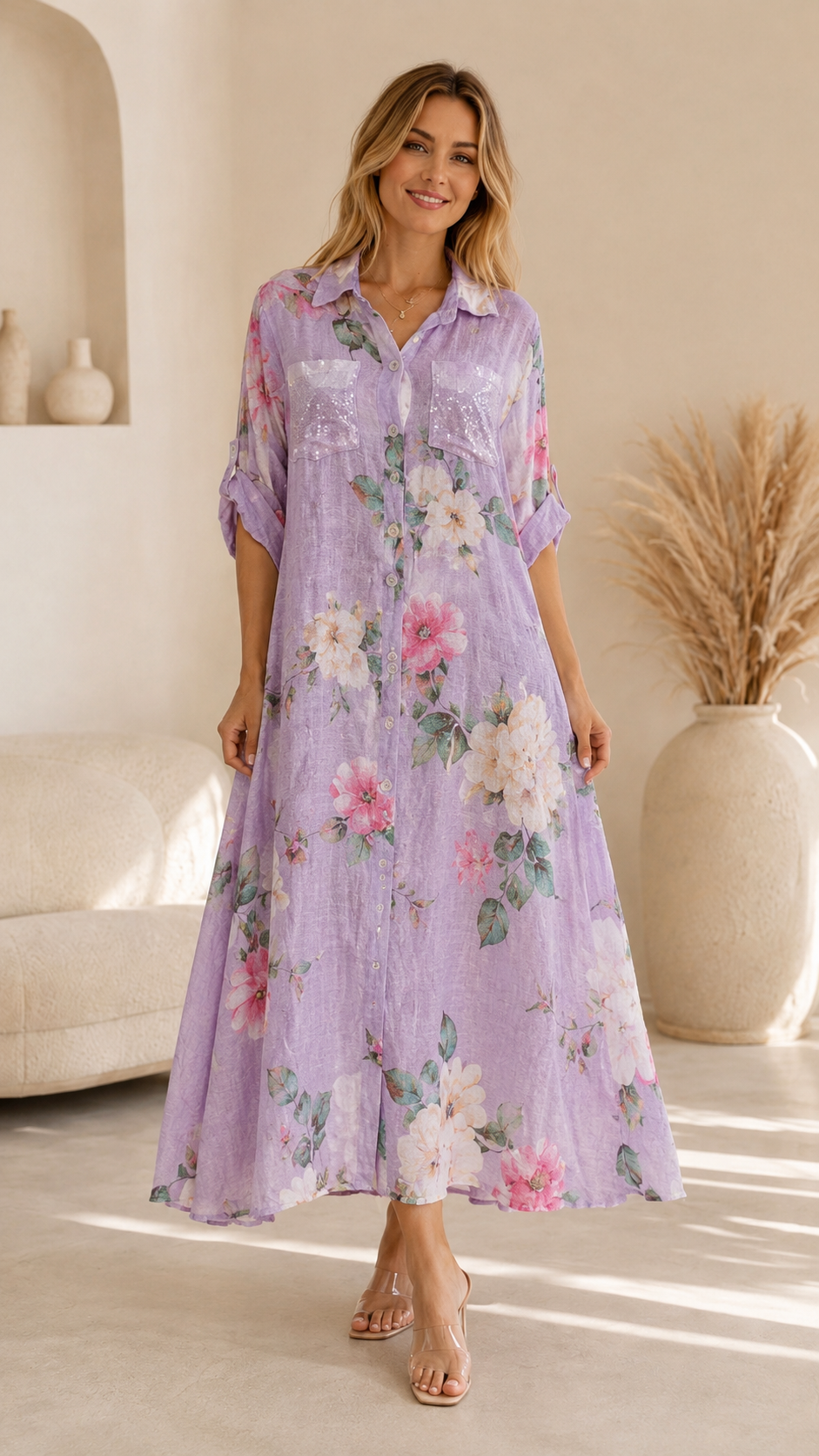 Floral Sequin Pocket Button-Down Shirt Dress