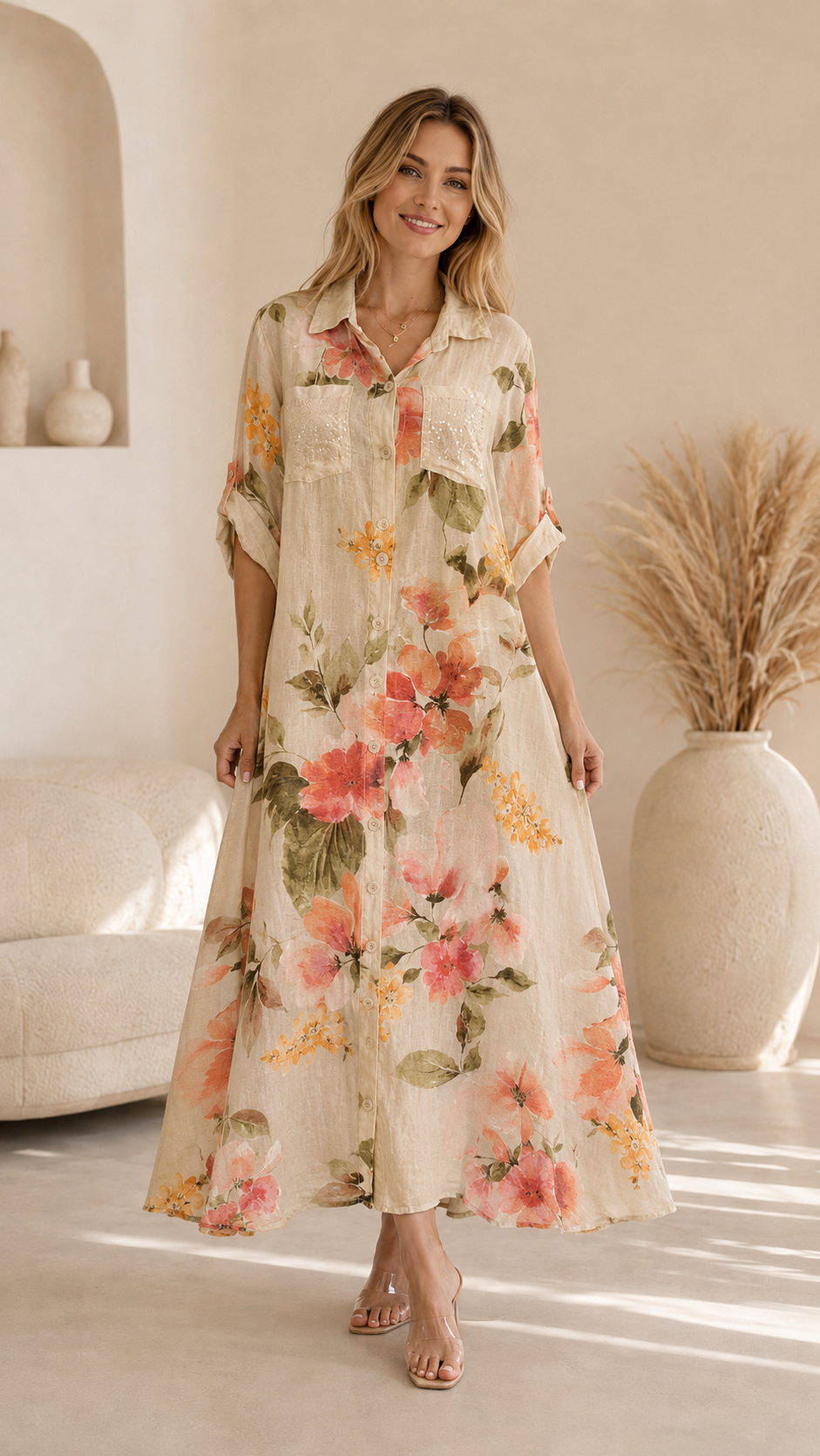 Floral Sequin Pocket Button-Down Shirt Dress