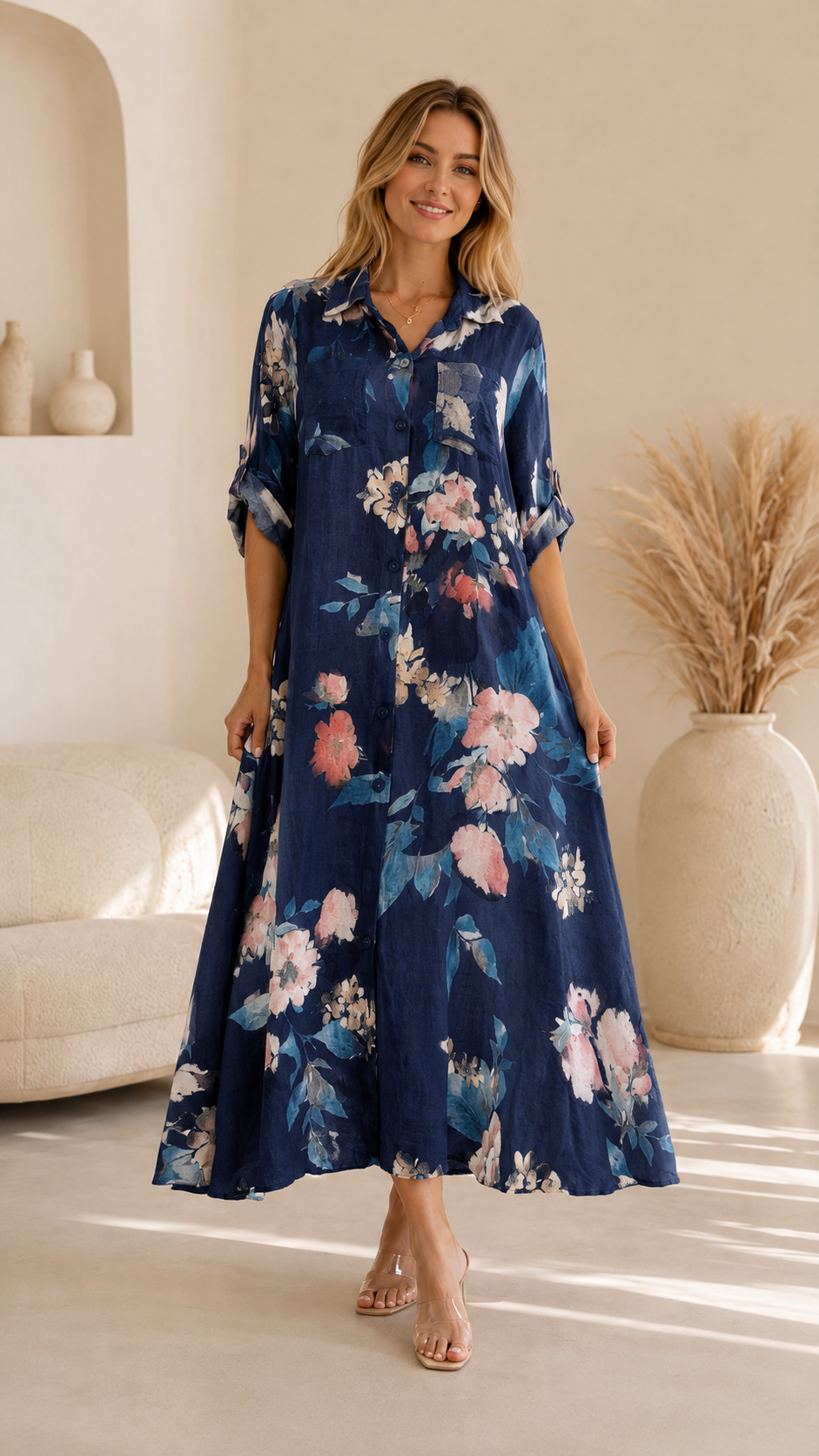 Floral Sequin Pocket Button-Down Shirt Dress