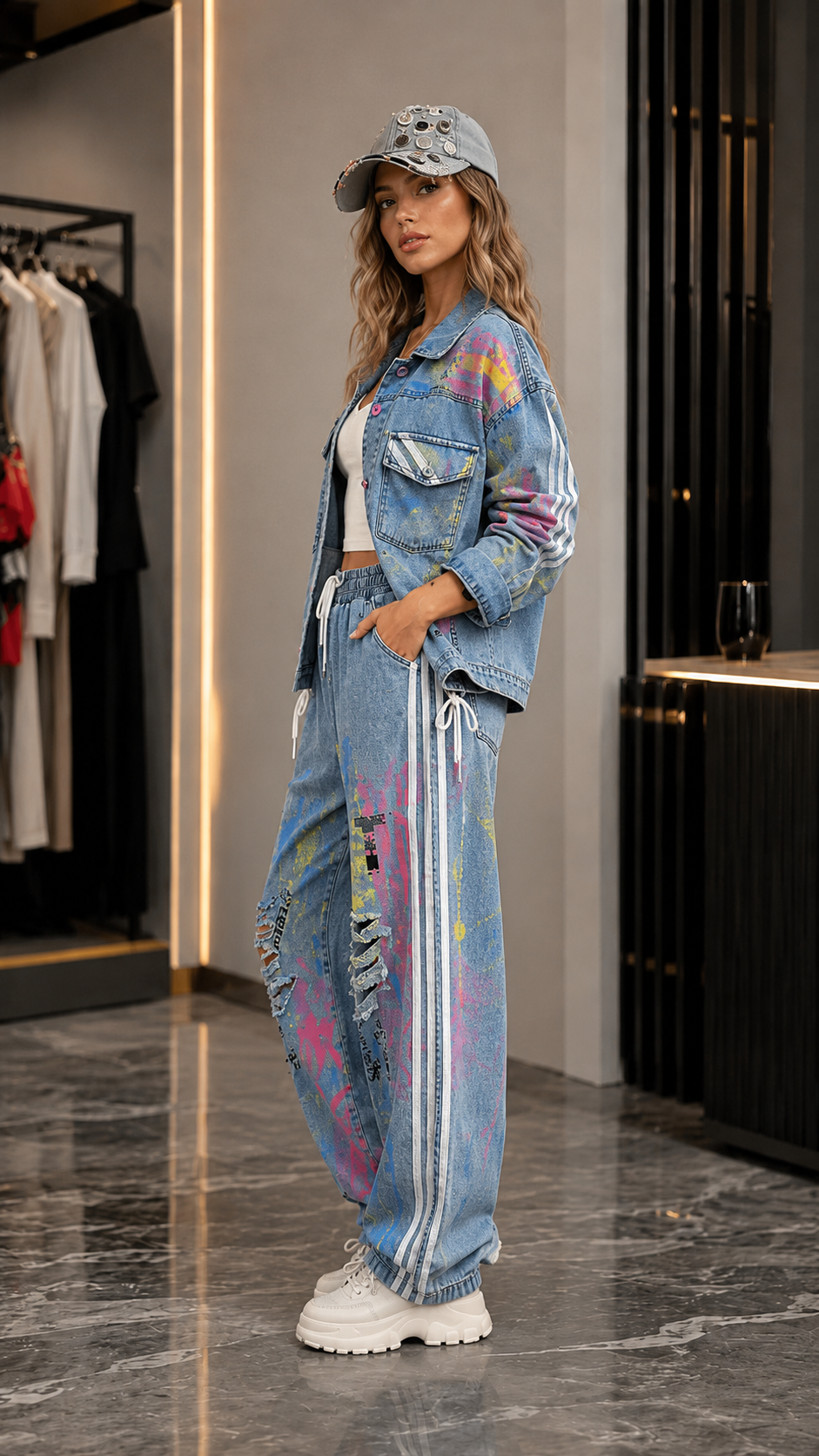Urban Graffiti Paint Splatter Denim Two-Piece Set