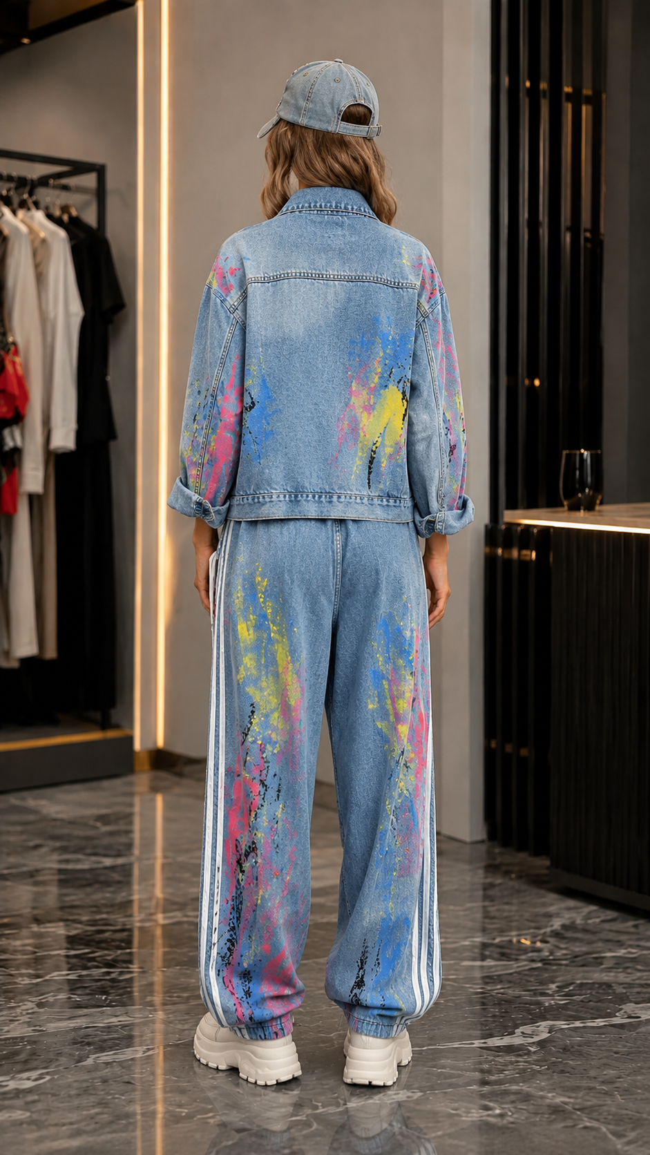 Urban Graffiti Paint Splatter Denim Two-Piece Set