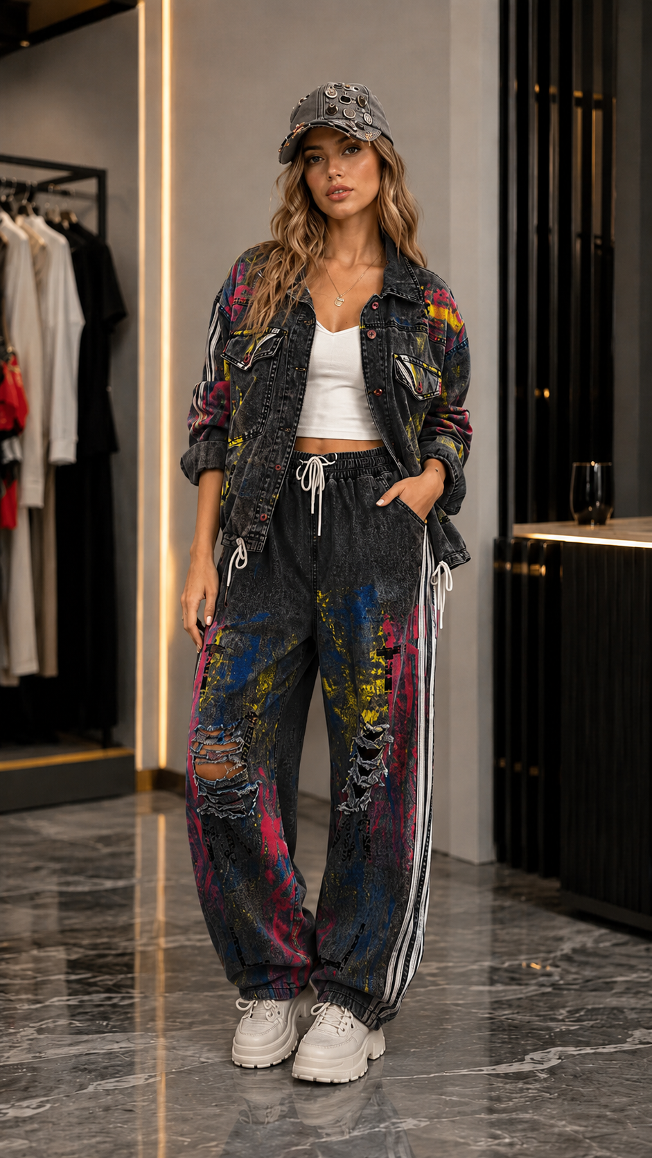 Urban Graffiti Paint Splatter Denim Two-Piece Set